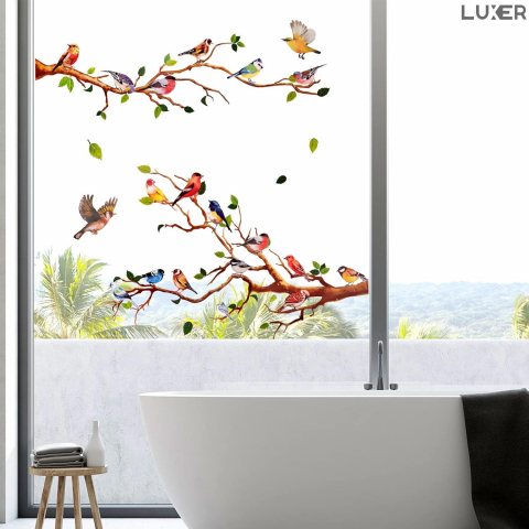 Sticker Autoadeziv Decorativ cu Model Floral: Branches with Small Birds, Multisuprafete, Dimensiuni: 140 x 50 cm, Luxer,  Stickere Decorative pentru Perete Autocolant cu model Floral "Ramuri de Copac si Pasari mici" pentru Domitor/Bucatarie/Living/Hol cu Flori si Natura Vie si Animale Verde si Galben Luxer [4]