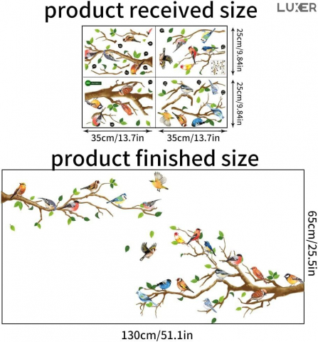 Sticker Autoadeziv Decorativ cu Model Floral: Branches with Small Birds, Multisuprafete, Dimensiuni: 140 x 50 cm, Luxer,  Stickere Decorative pentru Perete Autocolant cu model Floral "Ramuri de Copac si Pasari mici" pentru Domitor/Bucatarie/Living/Hol cu Flori si Natura Vie si Animale Verde si Galben Luxer [8]