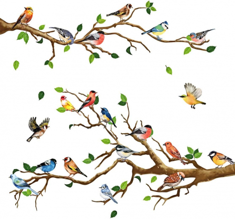 Sticker Autoadeziv Decorativ cu Model Floral: Branches with Small Birds, Multisuprafete, Dimensiuni: 140 x 50 cm, Luxer,  Stickere Decorative pentru Perete Autocolant cu model Floral "Ramuri de Copac si Pasari mici" pentru Domitor/Bucatarie/Living/Hol cu Flori si Natura Vie si Animale Verde si Galben Luxer [7]