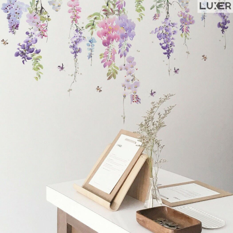 Sticker Autoadeziv Decorativ cu Model Floral: Wisteria Flowers, Multisuprafete, Dimensiuni: 70 x 42 cm, Luxer, Stickere Decorative pentru Perete Autocolant cu model Floral "Flori de Glicina"pentru Domitor/Bucatarie/Living/Hol cu Flori si Natura Vie Verde si Galben Luxer