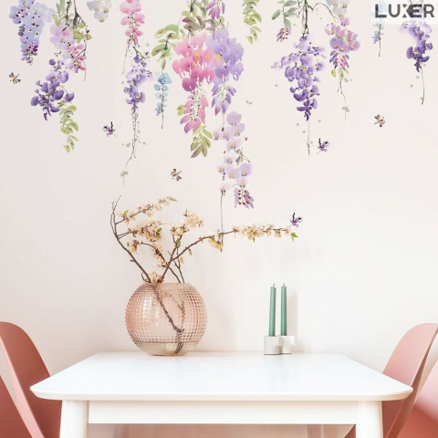 Sticker Autoadeziv Decorativ cu Model Floral: Wisteria Flowers, Multisuprafete, Dimensiuni: 70 x 42 cm, Luxer, Stickere Decorative pentru Perete Autocolant cu model Floral "Flori de Glicina"pentru Domitor/Bucatarie/Living/Hol cu Flori si Natura Vie Verde si Galben Luxer [6]