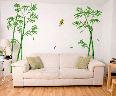 Sticker Autocolant Decorativ Perete/Mobila Model Bambus si Pasari Colibry, Dimensiuni 295x165 cm, Luxer