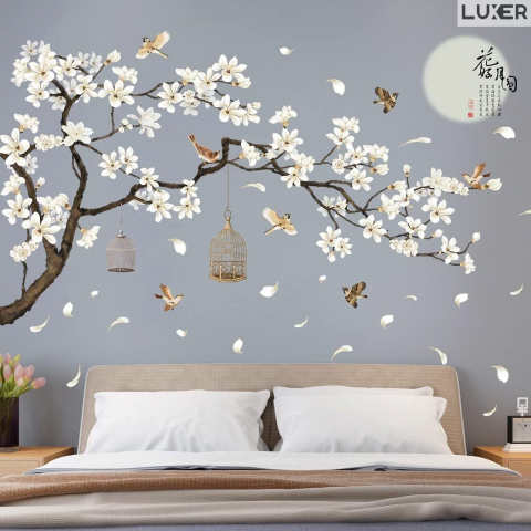 Sticker Decorativ Autoadeziv/Autocolant pentru Perete/Mobila/Geam cu Model Floral : Cires Japonez Inflorit si Pasari Zburand Libere, Multisuprafete, Dimensiuni: 187x128 cm, Dedeman, Emag, Jysk, Leroy, Luxer [1]