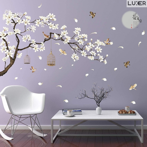 Sticker Decorativ Autoadeziv/Autocolant pentru Perete/Mobila/Geam cu Model Floral : Cires Japonez Inflorit si Pasari Zburand Libere, Multisuprafete, Dimensiuni: 187x128 cm, Dedeman, Emag, Jysk, Leroy, Luxer [2]