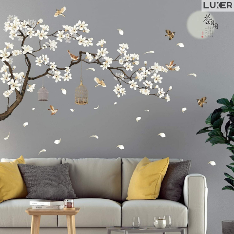 Toate Produsele - Sticker Decorativ Autoadeziv/Autocolant pentru Perete/Mobila/Geam cu Model Floral : Cires Japonez Inflorit si Pasari Zburand Libere, Multisuprafete, Dimensiuni: 187x128 cm, Dedeman, Emag, Jysk, Leroy, Luxer