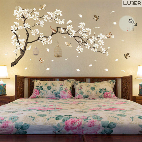 Sticker Decorativ Autoadeziv/Autocolant pentru Perete/Mobila/Geam cu Model Floral : Cires Japonez Inflorit si Pasari Zburand Libere, Multisuprafete, Dimensiuni: 187x128 cm, Dedeman, Emag, Jysk, Leroy, Luxer [7]