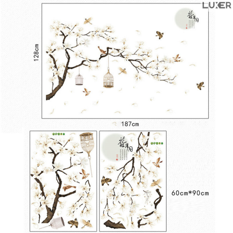 Sticker Decorativ Autoadeziv/Autocolant pentru Perete/Mobila/Geam cu Model Floral : Cires Japonez Inflorit si Pasari Zburand Libere, Multisuprafete, Dimensiuni: 187x128 cm, Dedeman, Emag, Jysk, Leroy, Luxer [8]