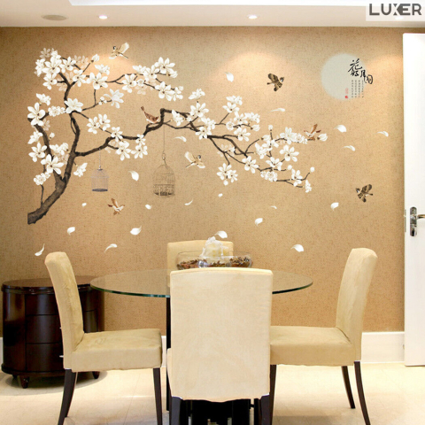 Sticker Decorativ Autoadeziv/Autocolant pentru Perete/Mobila/Geam cu Model Floral : Cires Japonez Inflorit si Pasari Zburand Libere, Multisuprafete, Dimensiuni: 187x128 cm, Dedeman, Emag, Jysk, Leroy, Luxer [3]