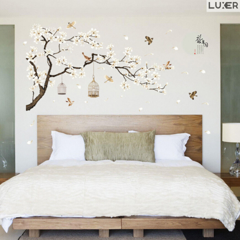Sticker Decorativ Autoadeziv/Autocolant pentru Perete/Mobila/Geam cu Model Floral : Cires Japonez Inflorit si Pasari Zburand Libere, Multisuprafete, Dimensiuni: 187x128 cm, Dedeman, Emag, Jysk, Leroy, Luxer [5]