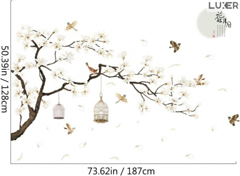 Sticker Decorativ Autoadeziv/Autocolant pentru Perete/Mobila/Geam cu Model Floral : Cires Japonez Inflorit si Pasari Zburand Libere, Multisuprafete, Dimensiuni: 187x128 cm, Dedeman, Emag, Jysk, Leroy, Luxer [9]