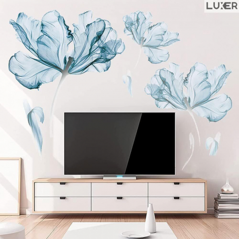 Sticker Decorativ Autoadeziv Pentru Perete / Mobila / Geamcu Model Floral : Crystal Blue Lotus (Floare de Lotus), Multisuprafete, Dimensiuni: 100 x 84 cm, Luxer [9]
