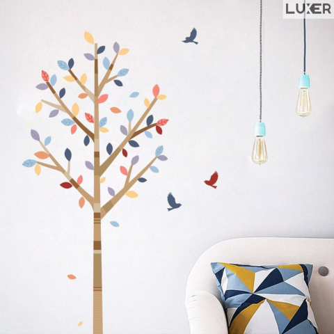 Stickere Copii - Sticker Decorativ Autoadeziv cu Model Floral : Half Tree with Multicolor Leaves and Birds, Multisuprafete, Dimensiuni: 120 x 120 cm, Pentru copii, Disney , Leroy, Dedeman, Jysk, Emag, Luxer