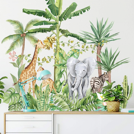 Sticker Decorativ cu Animale in Padurea Tropicala, Autocolant Tropical Rainforest Animals, 75x75 cm, stickere perete copii dedeman baieti/fete emag personalizate ieftine animale disney leroy merlin mickey mouse autocolante luxer [4]