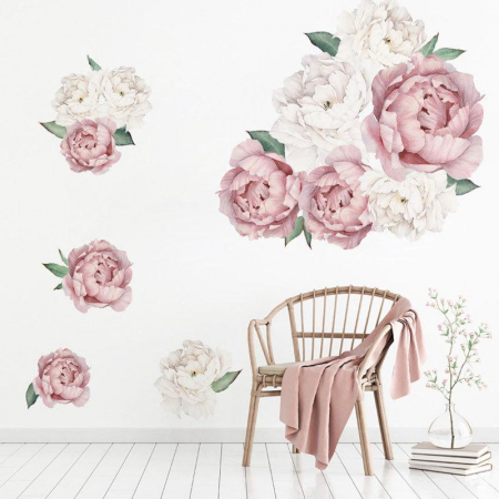 Sticker decorativ cu Bujori Albi si Roz Luxer, Autocolant White Peonies, stickere perete flori autocolant 3d dedeman leroy merlin cu flori mici [1]