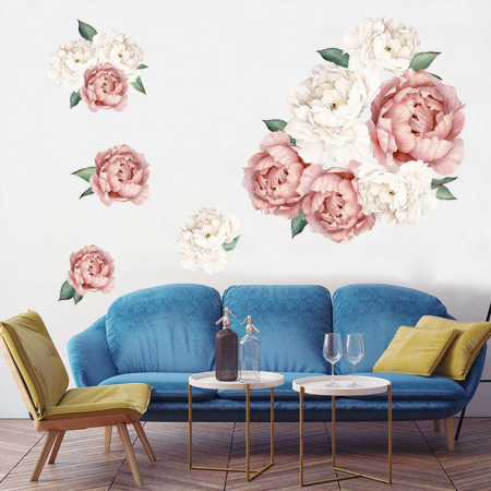 Sticker decorativ cu Bujori Albi si Roz Luxer, Autocolant White Peonies, stickere perete flori autocolant 3d dedeman leroy merlin cu flori mici [2]
