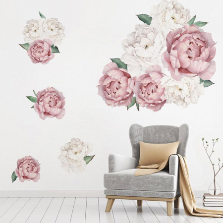 Sticker decorativ cu Bujori Albi si Roz Luxer, Autocolant White Peonies, stickere perete flori autocolant 3d dedeman leroy merlin cu flori mici [5]