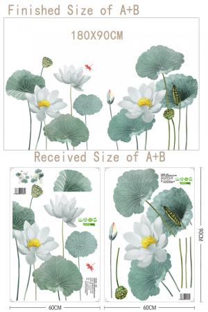Sticker Decorativ cu Flori Albe de Lotus Luxer, Autocolant perete White Lotus Flowers, 180x90 cm, stickere perete dedeman flori personalizat pepco emag personalizate ieftine natura plante exotice merlin mickey mouse autocolante pentru sufragerie living luxer [14]