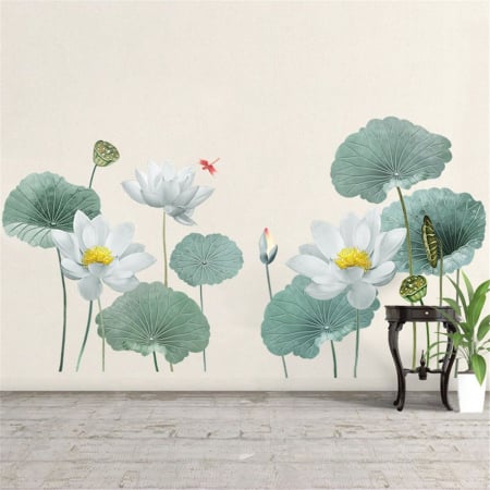 Sticker Decorativ cu Flori Albe de Lotus Luxer, Autocolant perete White Lotus Flowers, 180x90 cm, stickere perete dedeman flori personalizat pepco emag personalizate ieftine natura plante exotice merlin mickey mouse autocolante pentru sufragerie living luxer [3]