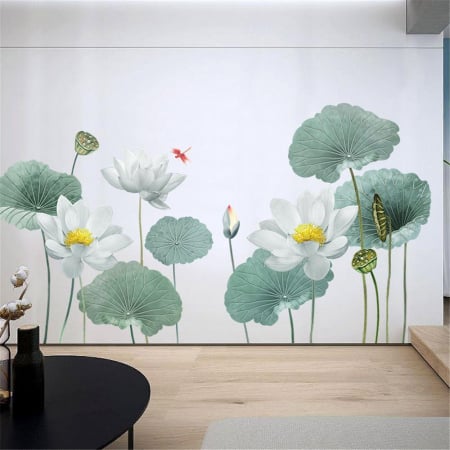 Sticker Decorativ cu Flori Albe de Lotus Luxer, Autocolant perete White Lotus Flowers, 180x90 cm, stickere perete dedeman flori personalizat pepco emag personalizate ieftine natura plante exotice merlin mickey mouse autocolante pentru sufragerie living luxer [5]