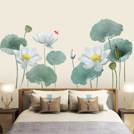 Sticker Decorativ cu Flori Albe de Lotus Luxer, Autocolant perete White Lotus Flowers, 180x90 cm, stickere perete dedeman flori personalizat pepco emag personalizate ieftine natura plante exotice merlin mickey mouse autocolante pentru sufragerie living luxer [6]