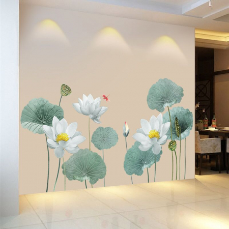 Sticker Decorativ cu Flori Albe de Lotus Luxer, Autocolant perete White Lotus Flowers, 180x90 cm, stickere perete dedeman flori personalizat pepco emag personalizate ieftine natura plante exotice merlin mickey mouse autocolante pentru sufragerie living luxer [4]