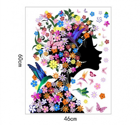 Sticker decorativ cu Flori, Fluturi si Pasari Luxer, Autocolant Fata cu Flori in Par, 60x46 cm, stickere decorative autocolant perete flori 3d flori rosii mici [8]
