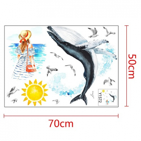 Sticker decorativ cu Mare, Soare, Balena si Pescarusi Luxer, Autocolant Sea Lover, 89x85 cm, stickere decorativ dedeman copii dormitor animalele marii [8]