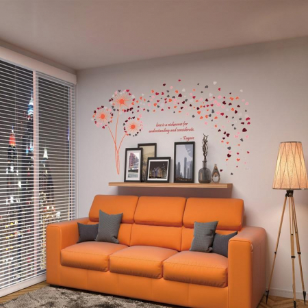 Sticker decorativ cu Papadii si inimioare Luxer, Autocolant cu mesaj motivational, Portocaliu, 135x82 cm, stickere decorative perete dormitor papadii dedeman jumbo luxer ieftin floral [3]