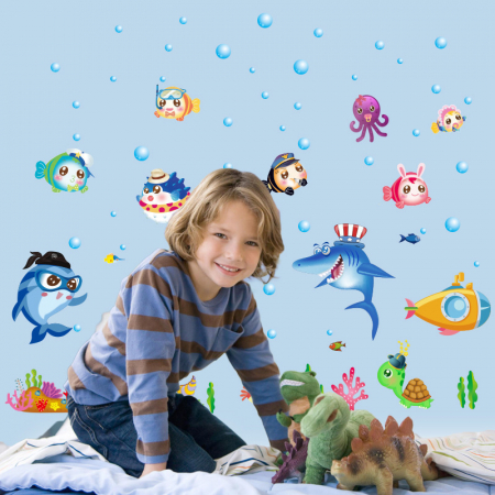Sticker decorativ cu Pesti si Animale Marine Luxer, Autocolant pentru baie Lumea Subacvatica, 123x75 cm, stickere decorative copii dedeman baieti animake disney leroy merlin norisori bebelusi baie camera copilului [1]