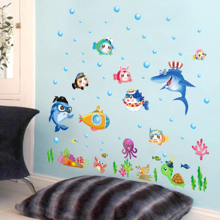 Sticker decorativ cu Pesti si Animale Marine Luxer, Autocolant pentru baie Lumea Subacvatica, 123x75 cm, stickere decorative copii dedeman baieti animake disney leroy merlin norisori bebelusi baie camera copilului [3]