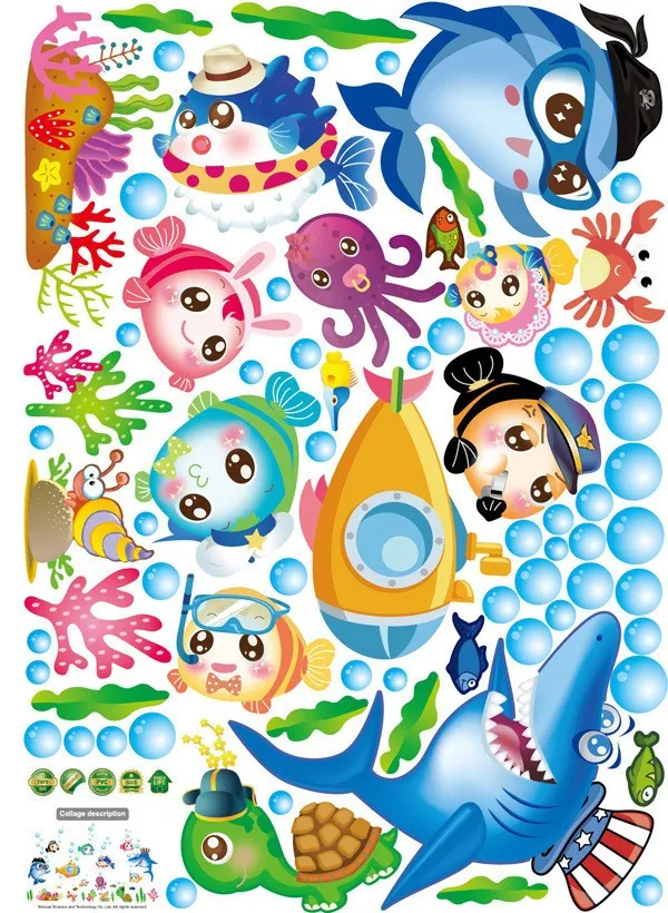 Sticker decorativ cu Pesti si Animale Marine Luxer, Autocolant pentru baie Lumea Subacvatica, 123x75 cm, stickere decorative copii dedeman baieti animake disney leroy merlin norisori bebelusi baie camera copilului [9]