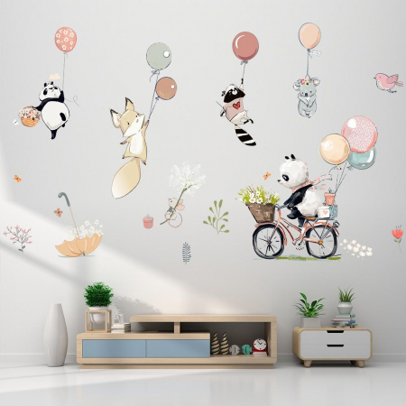 Sticker Decorativ Pentru Camera Copiilor cu Animale si Baloane cu Heliu Luxer, Autocolant Ursulet pe Bicicleta, 90x60 cm, stickere perete copii dedeman baieti/fete emag personalizate ieftine animale disney leroy merlin mickey mouse autocolante luxer [2]