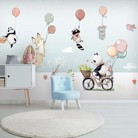 Sticker Decorativ Pentru Camera Copiilor cu Animale si Baloane cu Heliu Luxer, Autocolant Ursulet pe Bicicleta, 90x60 cm, stickere perete copii dedeman baieti/fete emag personalizate ieftine animale disney leroy merlin mickey mouse autocolante luxer [1]