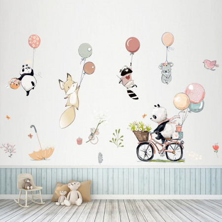 Sticker Decorativ Pentru Camera Copiilor cu Animale si Baloane cu Heliu Luxer, Autocolant Ursulet pe Bicicleta, 90x60 cm, stickere perete copii dedeman baieti/fete emag personalizate ieftine animale disney leroy merlin mickey mouse autocolante luxer [4]