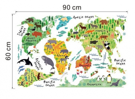 Sticker educativ cu Harta Lumii Luxer, Autocolant decorativ World Map Animals, 95x73 cm, harta lumii perete continente cu tari si capitale, mari si oceane autoadeziv pentru copii adulti ieftin dedeman jysk leroy ieftin luxer [8]