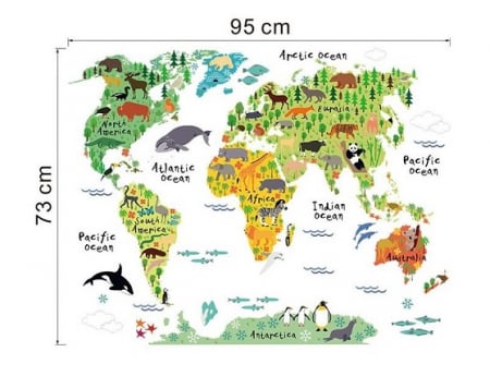 Sticker educativ cu Harta Lumii Luxer, Autocolant decorativ World Map Animals, 95x73 cm, harta lumii perete continente cu tari si capitale, mari si oceane autoadeziv pentru copii adulti ieftin dedeman jysk leroy ieftin luxer [9]