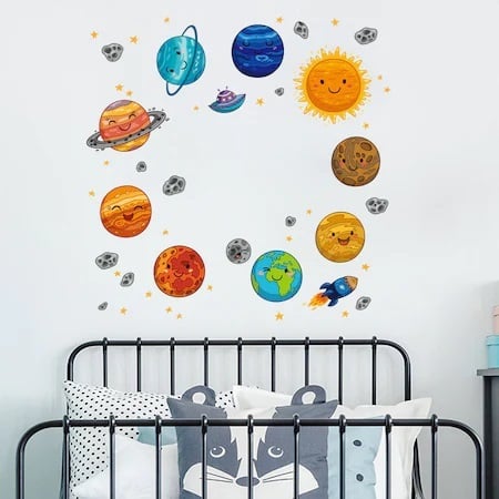 Sticker decorativ autocolant Smiley Solar System, Sistemul Solar cu 10 planete pentru copii educativ emag gradinita terra [5]