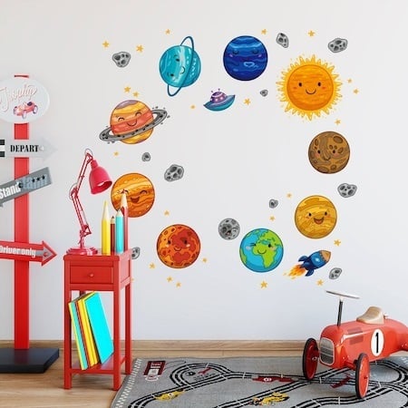 Sticker decorativ autocolant Smiley Solar System, Sistemul Solar cu 10 planete pentru copii educativ emag gradinita terra [4]