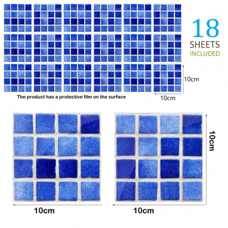 Stickere decorative pentru faianta sau perete Luxer, Set 18 buc, Mozaic Albastru, 10x10 cm, stickere mosaics sticla ieftin perete baie bucatarie dedeman jysj autoadeziv luxer [6]
