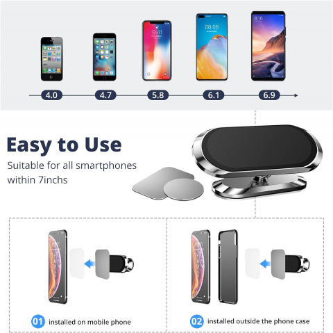 Suport Auto Magnetic Universal pentru Telefon, Rotire 360⁰, Prindere cu 8 Magneti si Banda Adeziva 3M, Dimensiuni 7 x 2 cm, Forma Dreptunghiulara, Silver, Luxer [8]
