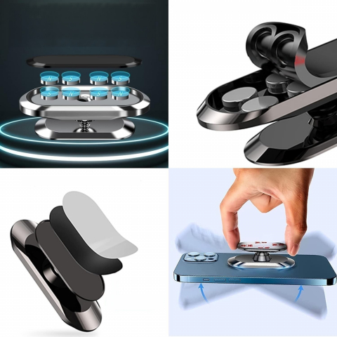 Suport Auto Magnetic Universal pentru Telefon, Rotire 360⁰, Prindere cu 8 Magneti si Banda Adeziva 3M, Dimensiuni 7 x 2 cm, Forma Dreptunghiulara, Silver, Luxer [2]