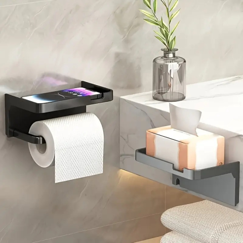 Suport Autoadeziv Pentru Hartia Igienica Cu Raft Pentru Telefon, Montaj Fara Gaurire, Gri Inchis, Dimensiuni 17.5x10x8 cm, Luxer [1]