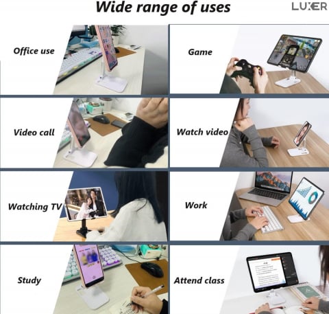Suport Universal Pliabil Luxer de Birou/Masa pentru Telefon/Tableta, Ajustabil, Multiple Unghiuri de Vizualizare si Inaltimi, Portabil, Materiale Premium, Alb/Negru, suport telefon pentru birou jumbo emag ikea altex flanco reglabil diferite unghiuri luxer [9]