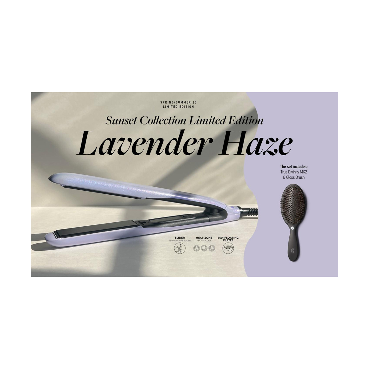 Placa profesionala pt indreptat parul True Divinity MK2 Lavender Haze +  perie Gloss Brush