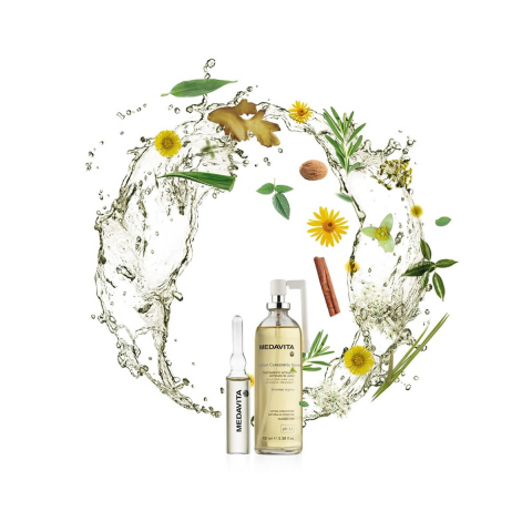 Anticadere Barbati si Femei cu probleme hormonale - Spray tratament anticadere par barbati Medavita, stimuleaza cresterea parului, cu rozmarin, aloe, turmeric, ghimbir, 100 ml