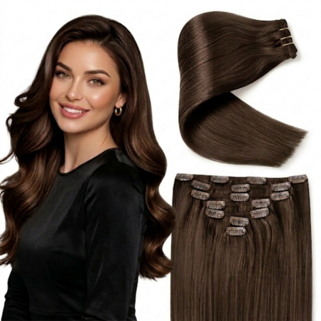 Extensii Clip On - Extensii de păr natural tip clip-on nuanța Castaniu Închis cod #2 gama Silver 120g Lysee Luxury