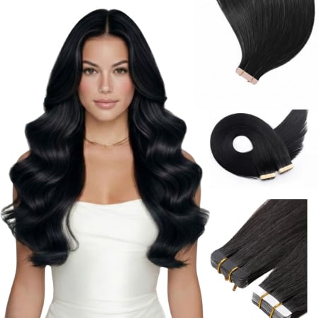Extensii Tape-In - Extensii Tape‑In din Păr Natural Negru #1– Look Natural