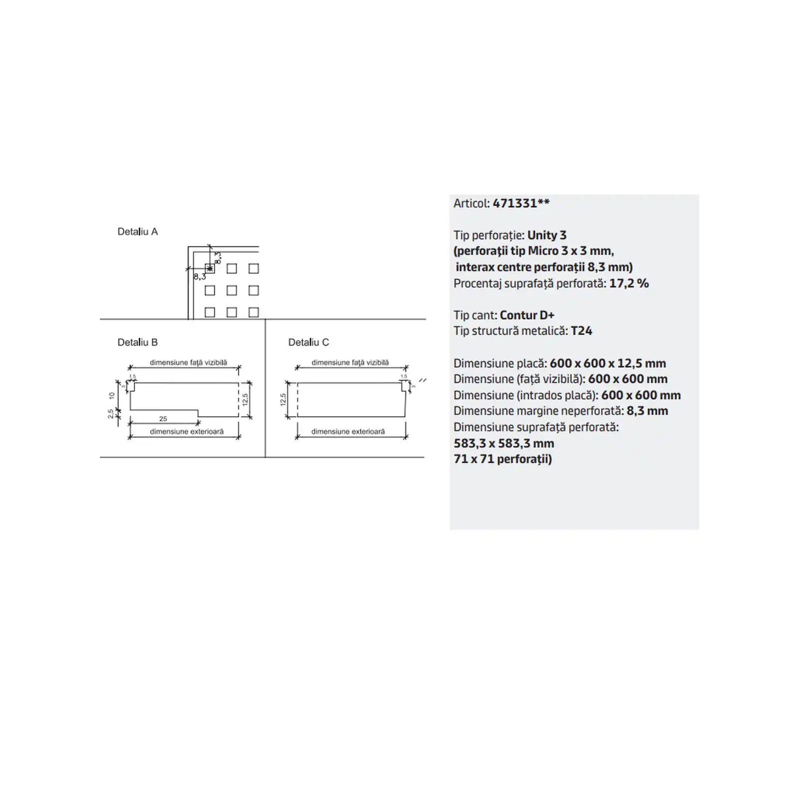 Placa tavan casetat Knauf Danoline Contur Unity 3 cant D 600 x 600 x 12.5 mm perforatii fine [3]