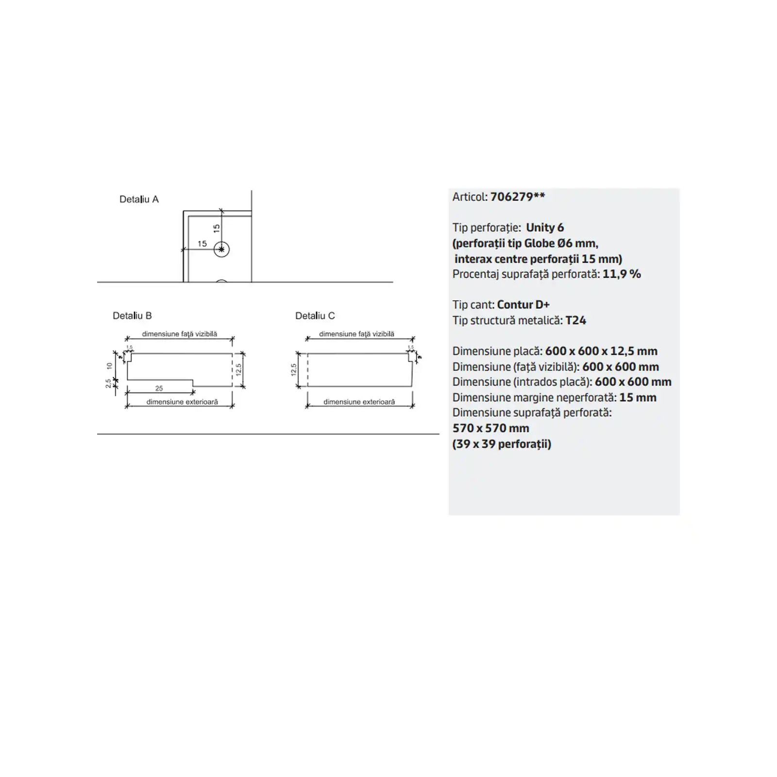 Placa tavan casetat Knauf Danoline Contur Unity 6 cant D 600 x 600 x 12.5 mm perforatii rotunde [3]