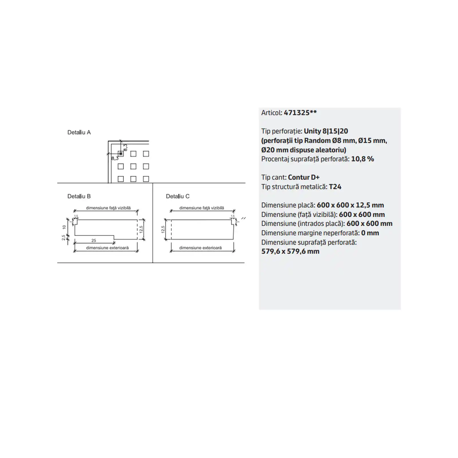 Placa tavan casetat Knauf Danoline Contur Unity 8-15-20 cant D 600 x 600 x 12.5 mm perforatii aleatorii [3]